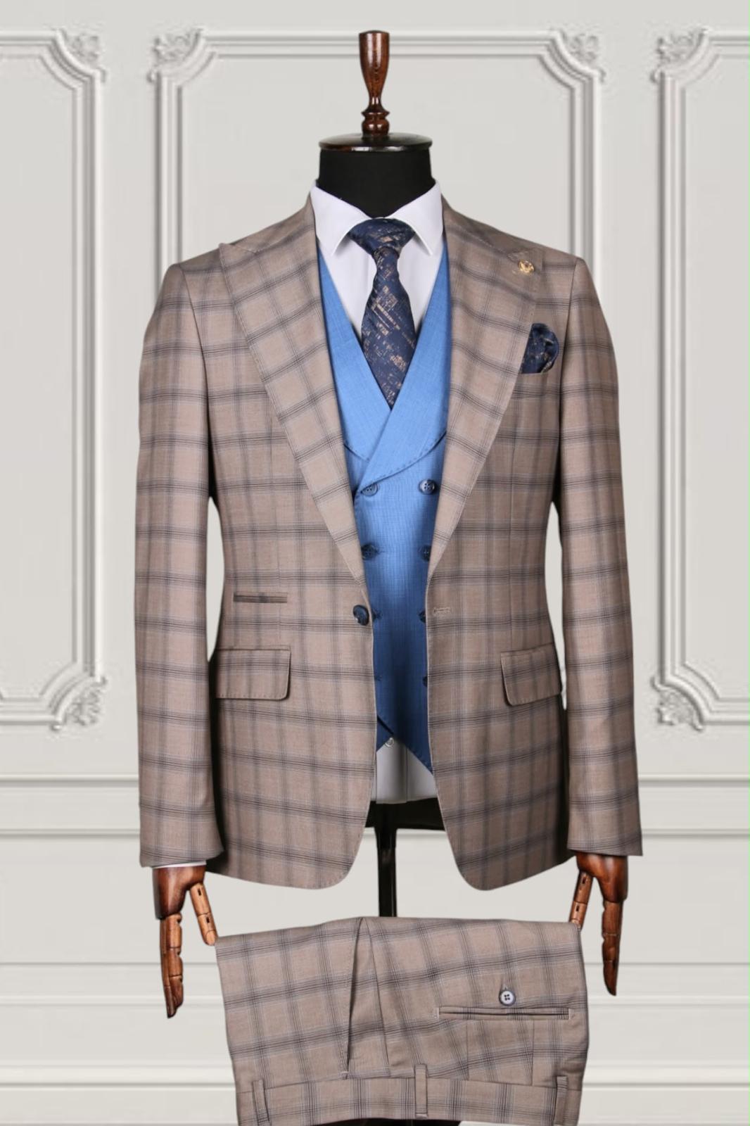 Taupe Plaid Three-Piece Suit with Blue Vest