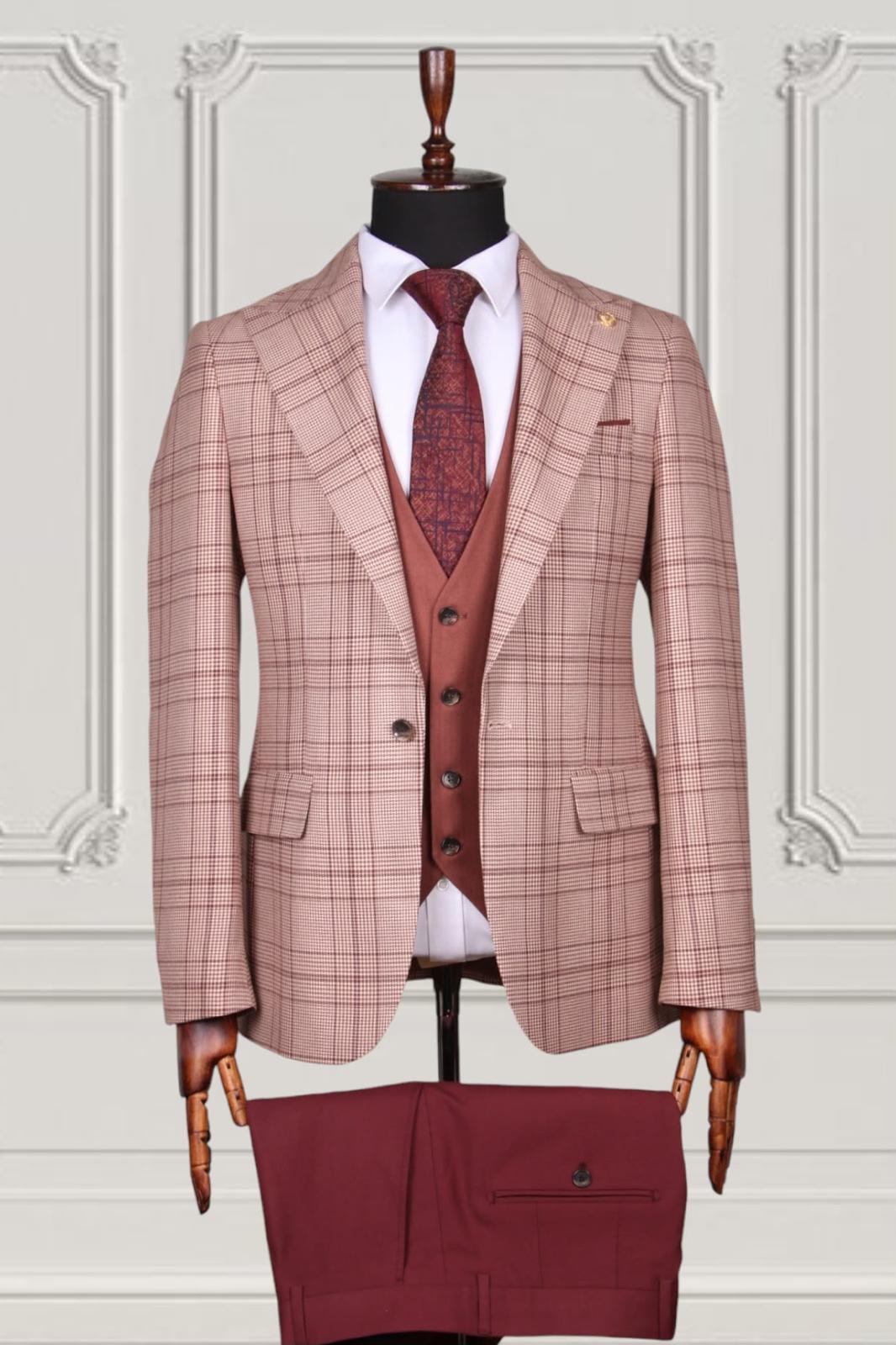 Rose Plaid Three-Piece Suit with Burgundy Vest