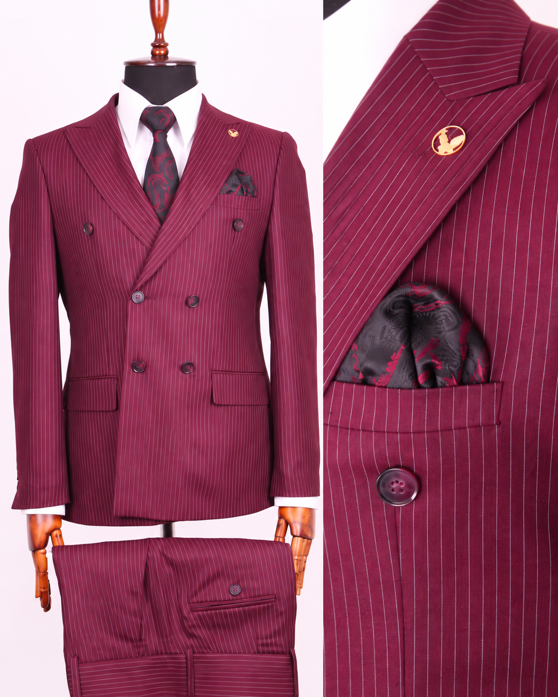 Burgundy pinstripe double-breasted suit
