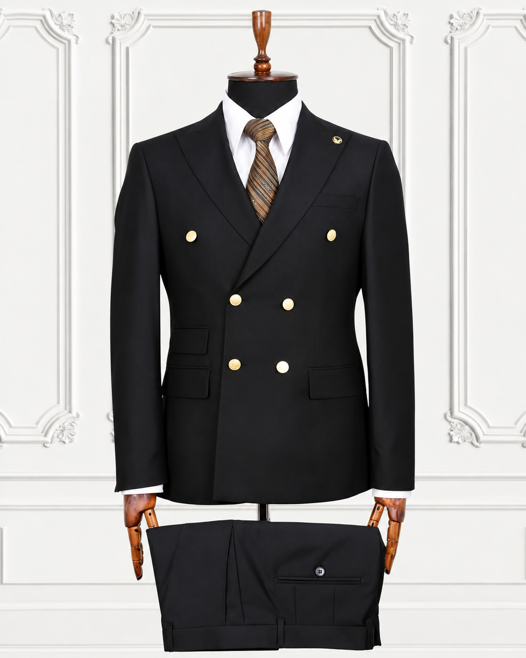 Black gold-button double-breasted suit