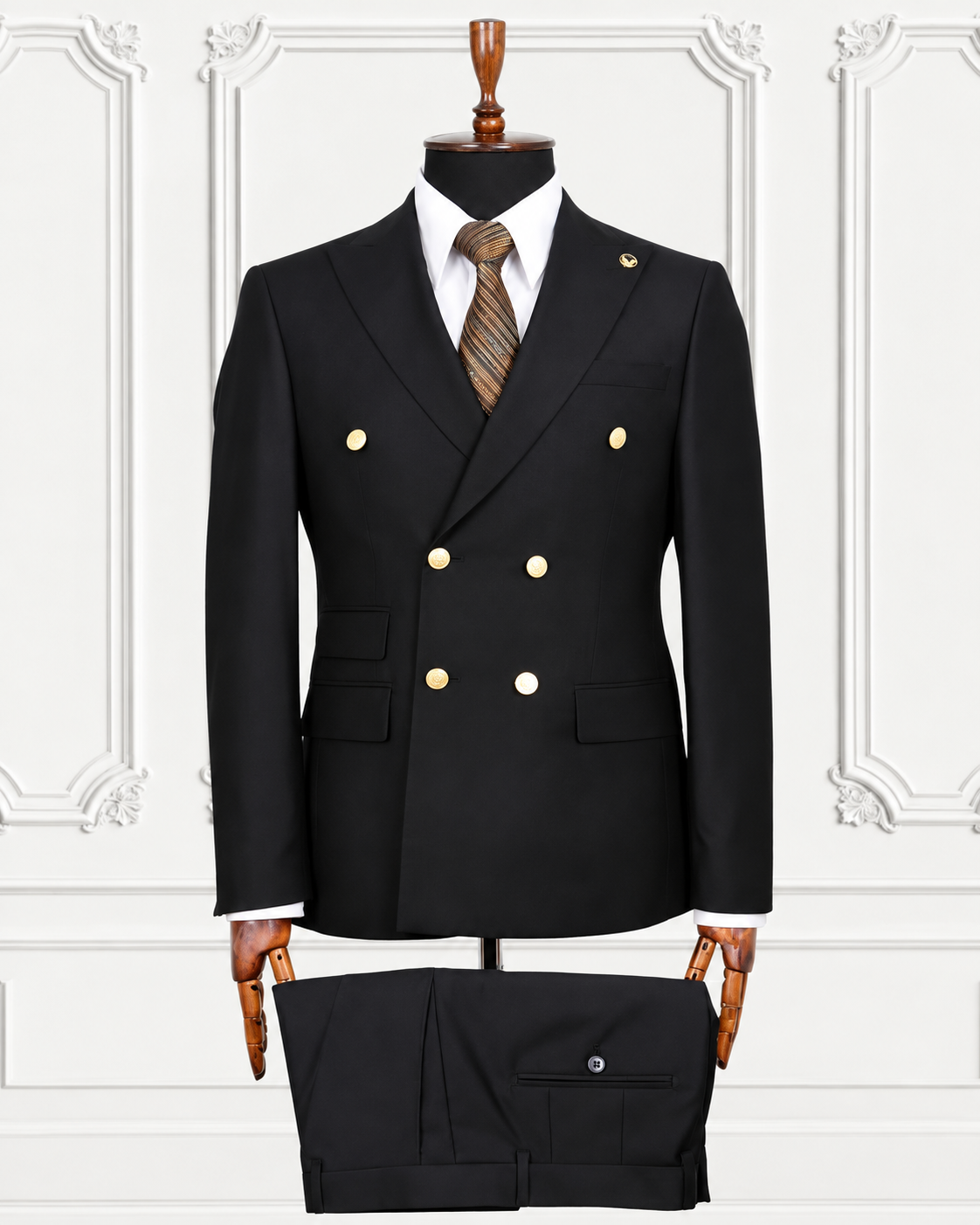 Black gold-button double-breasted suit