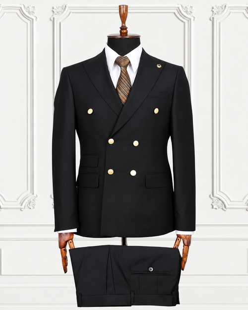 Black gold-button double-breasted suit