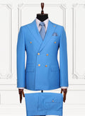 Bright blue double-breasted GEEMAN suit with gold buttons front view