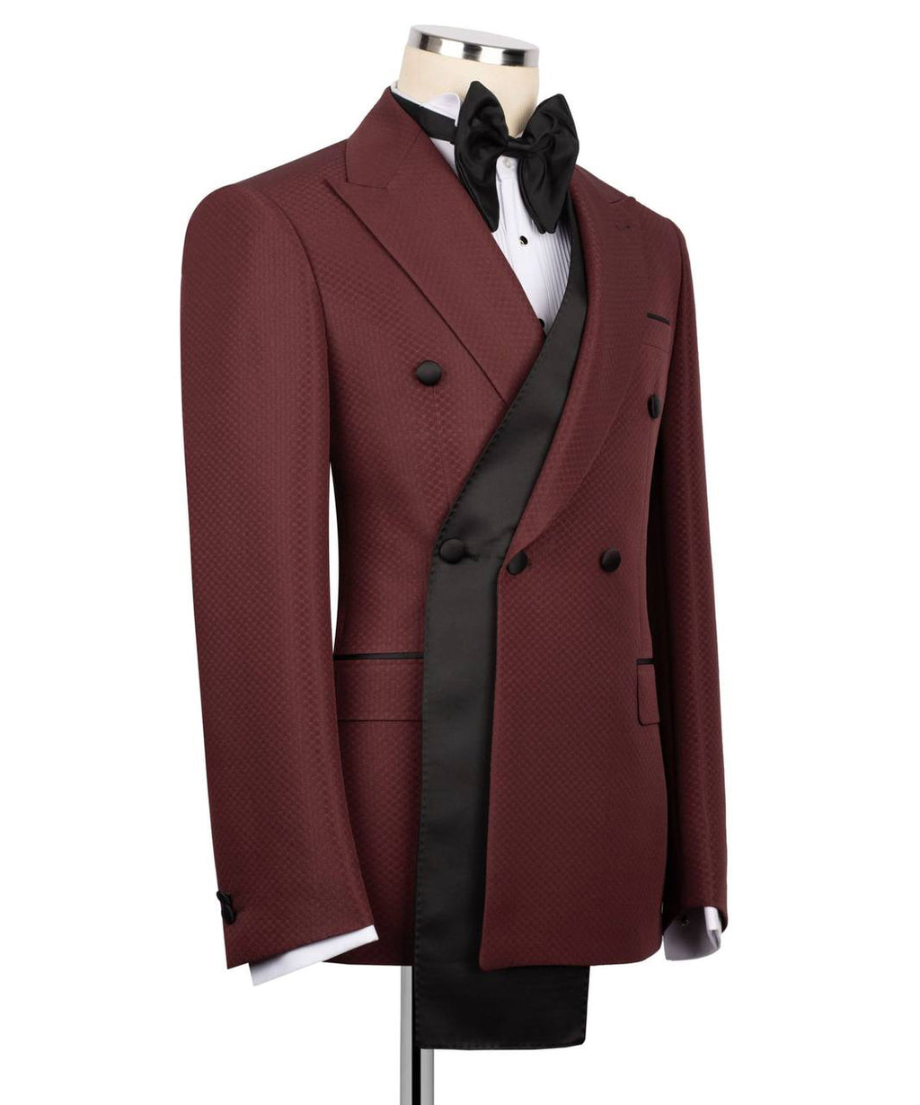 Burgundy double-breasted GEEMAN tuxedo angled view