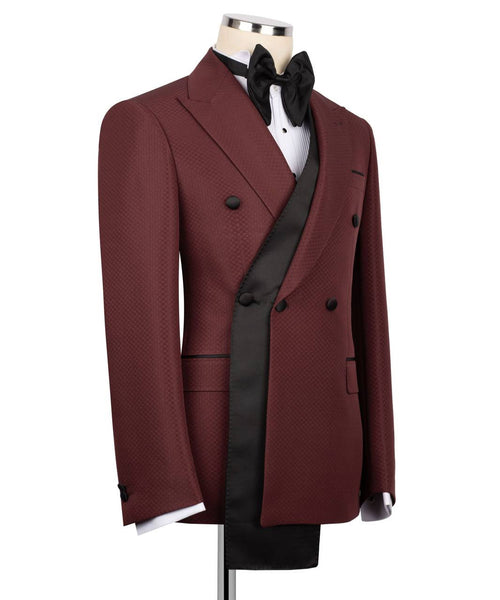 Burgundy double-breasted GEEMAN tuxedo angled view