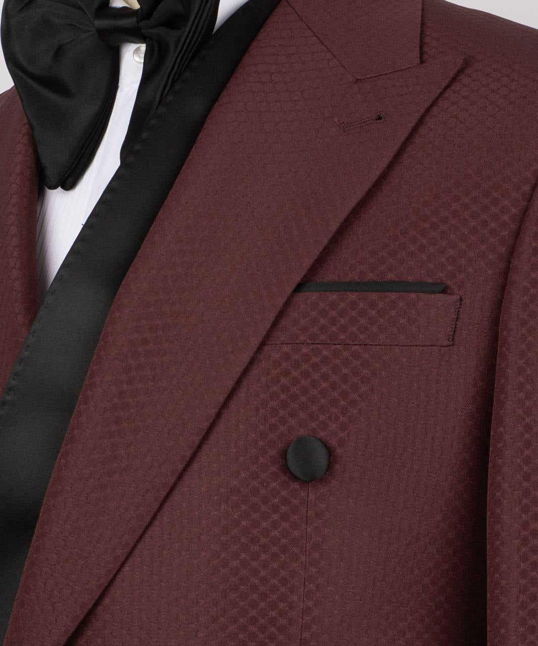 Burgundy textured fabric and satin lapel detail