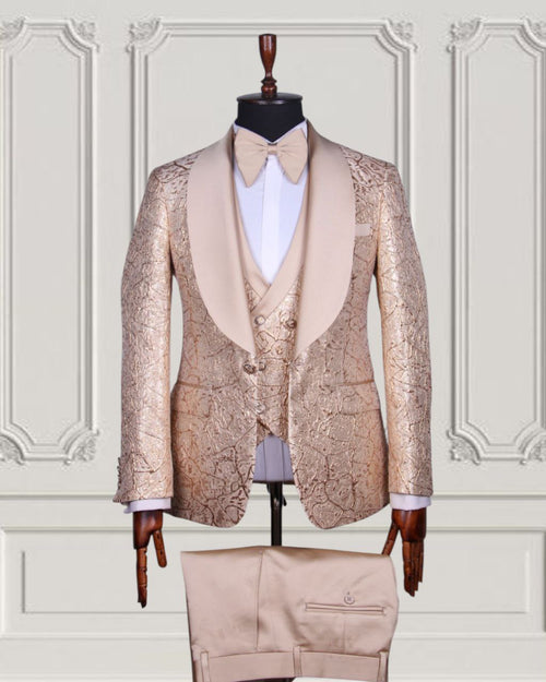 Champagne metallic patterned three-piece tuxedo front