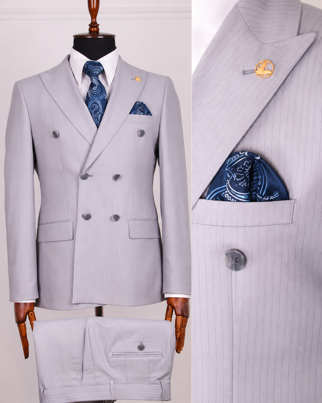 Light gray pinstripe double-breasted suit and lapel detail