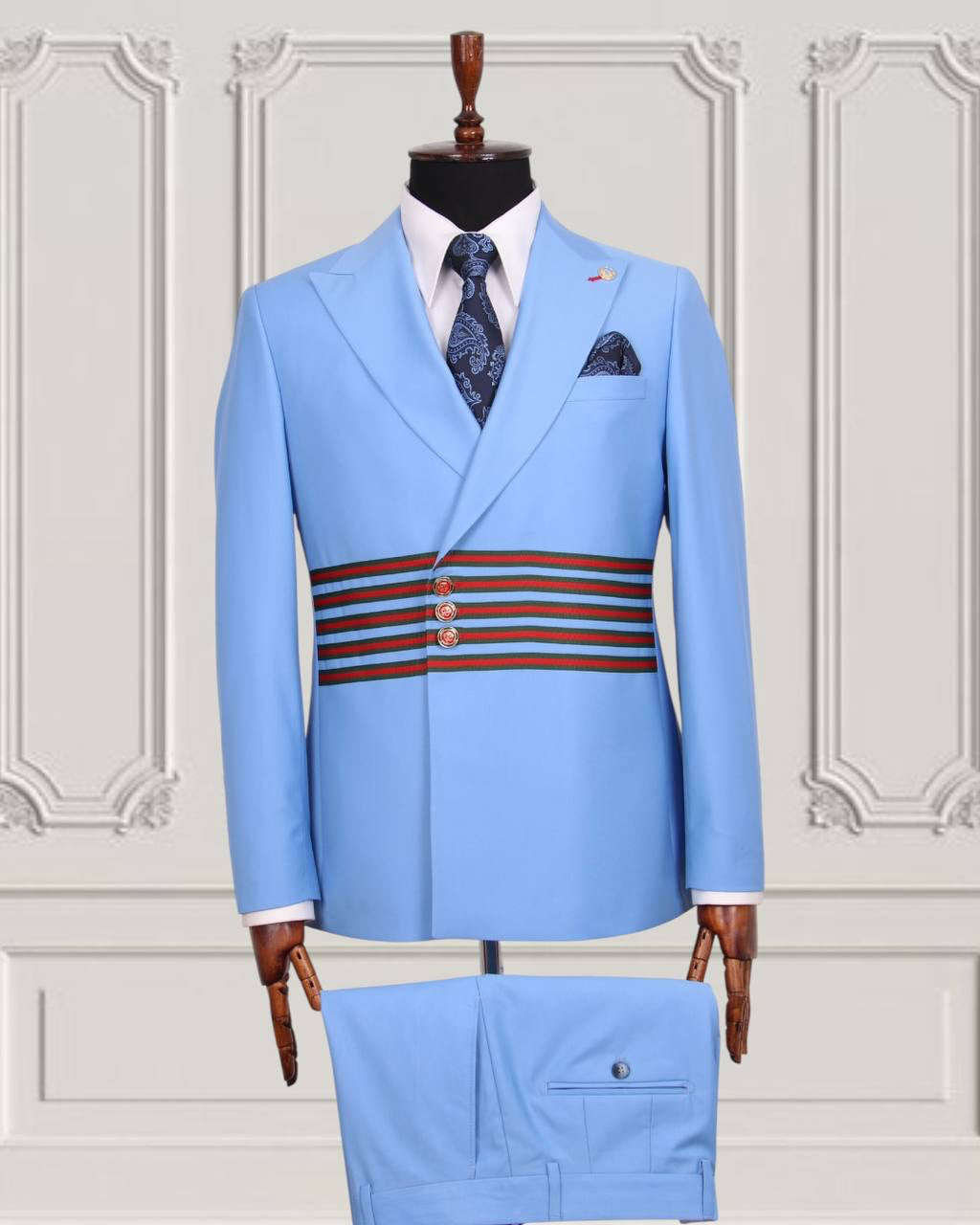 Light blue GEEMAN suit with striped waist detail front view