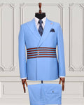 Light blue GEEMAN suit with striped waist detail front view