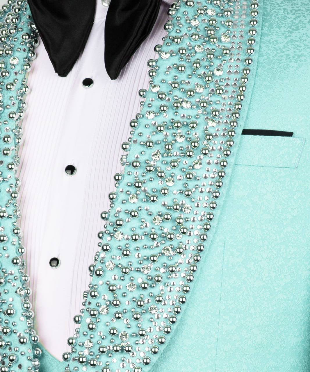 Crystal lapel detail on mint GEEMAN tuxedo