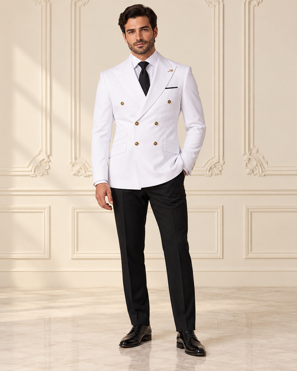 AI-generated model styling illustration: White Gold-Button Double-Breasted Suit