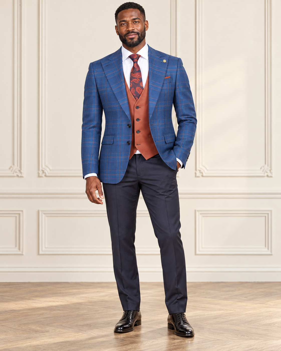 AI-generated model styling illustration: Blue Plaid Three-Piece Suit with Rust Vest