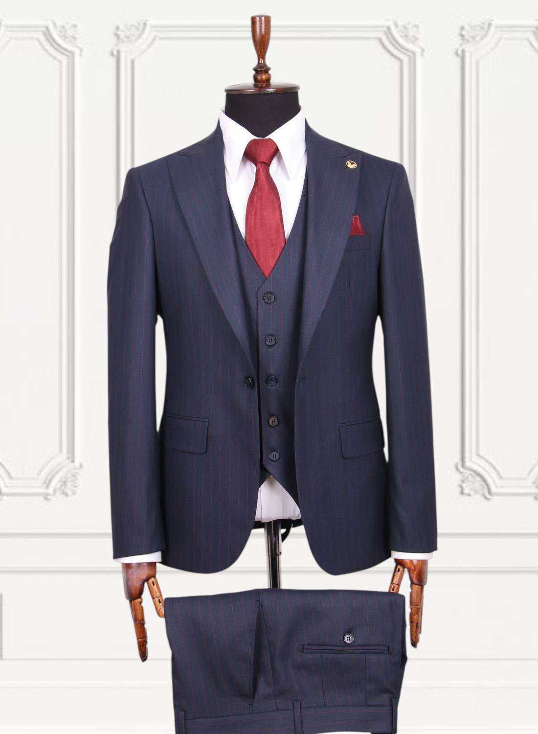 Navy and burgundy pinstripe three-piece GEEMAN suit front view