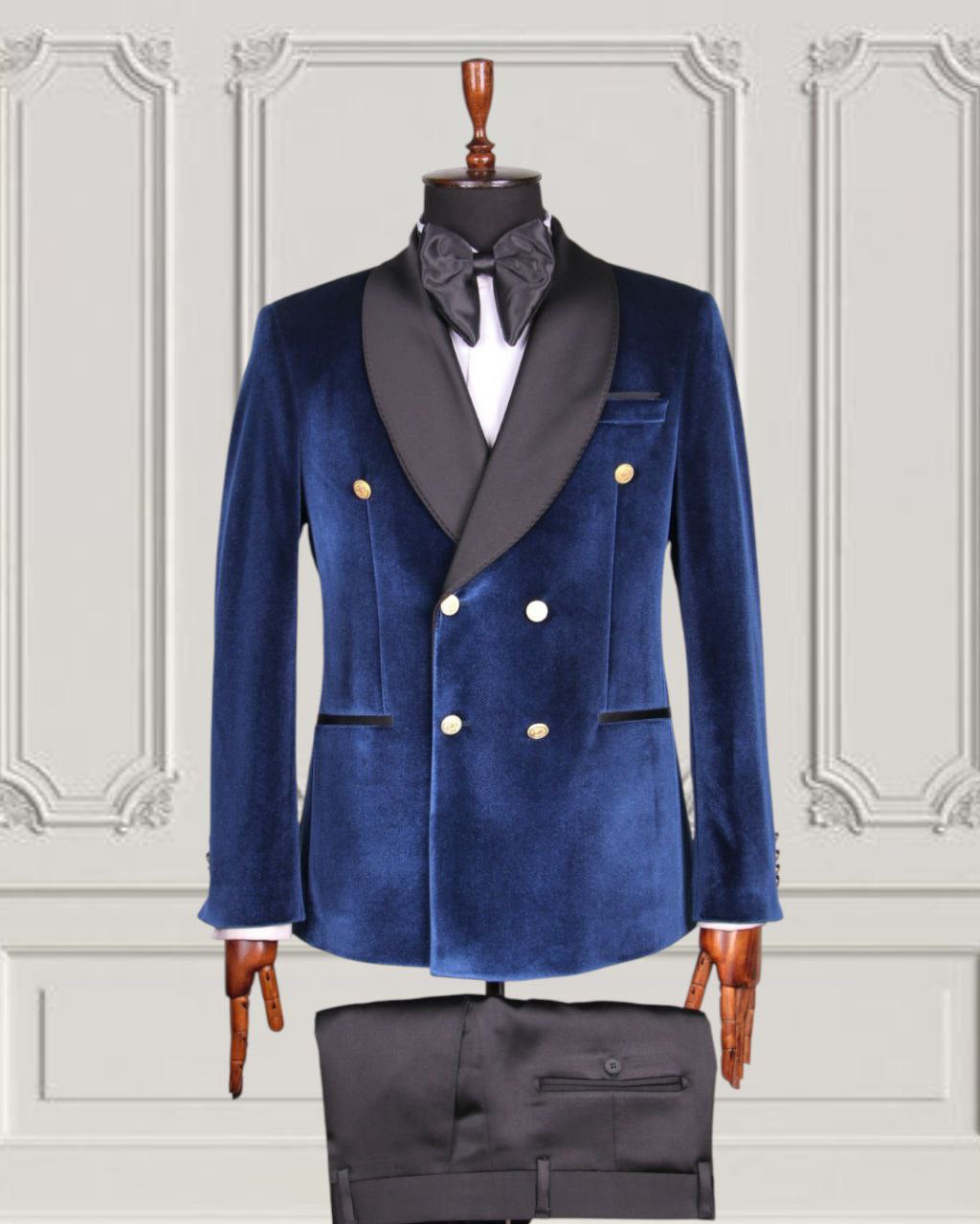 Navy velvet double-breasted tuxedo front