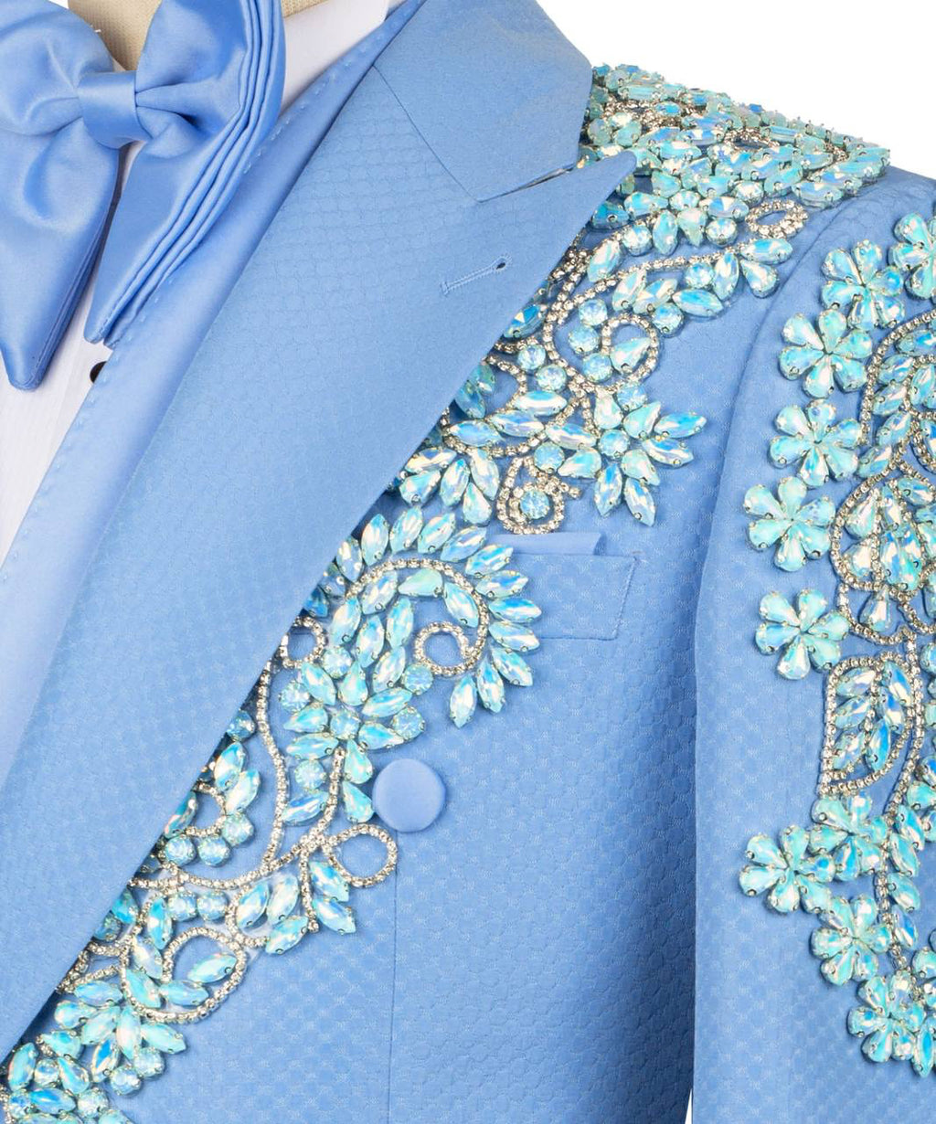 Crystal embellishment detail on powder blue GEEMAN tuxedo