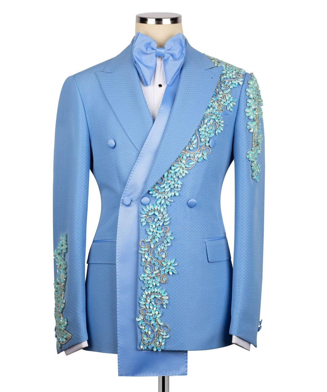 Powder blue crystal-embellished GEEMAN tuxedo front view