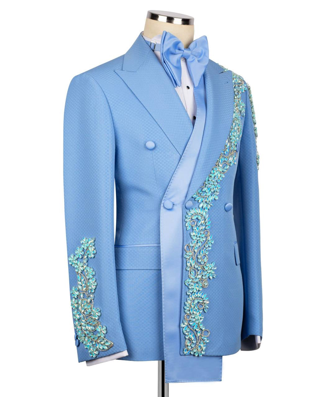 Powder blue crystal-embellished GEEMAN tuxedo angled view