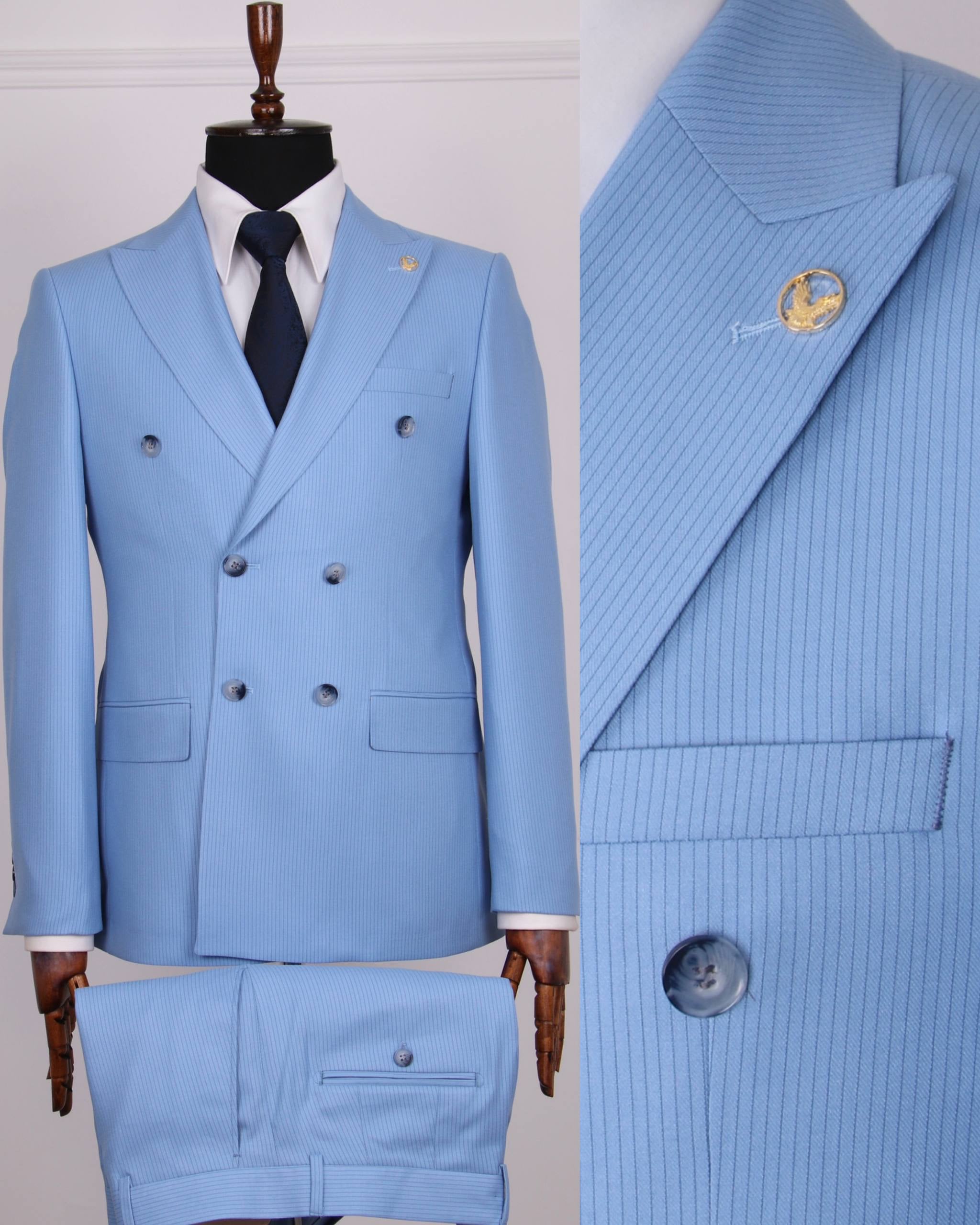 Powder blue double-breasted GEEMAN suit with textured fabric detail