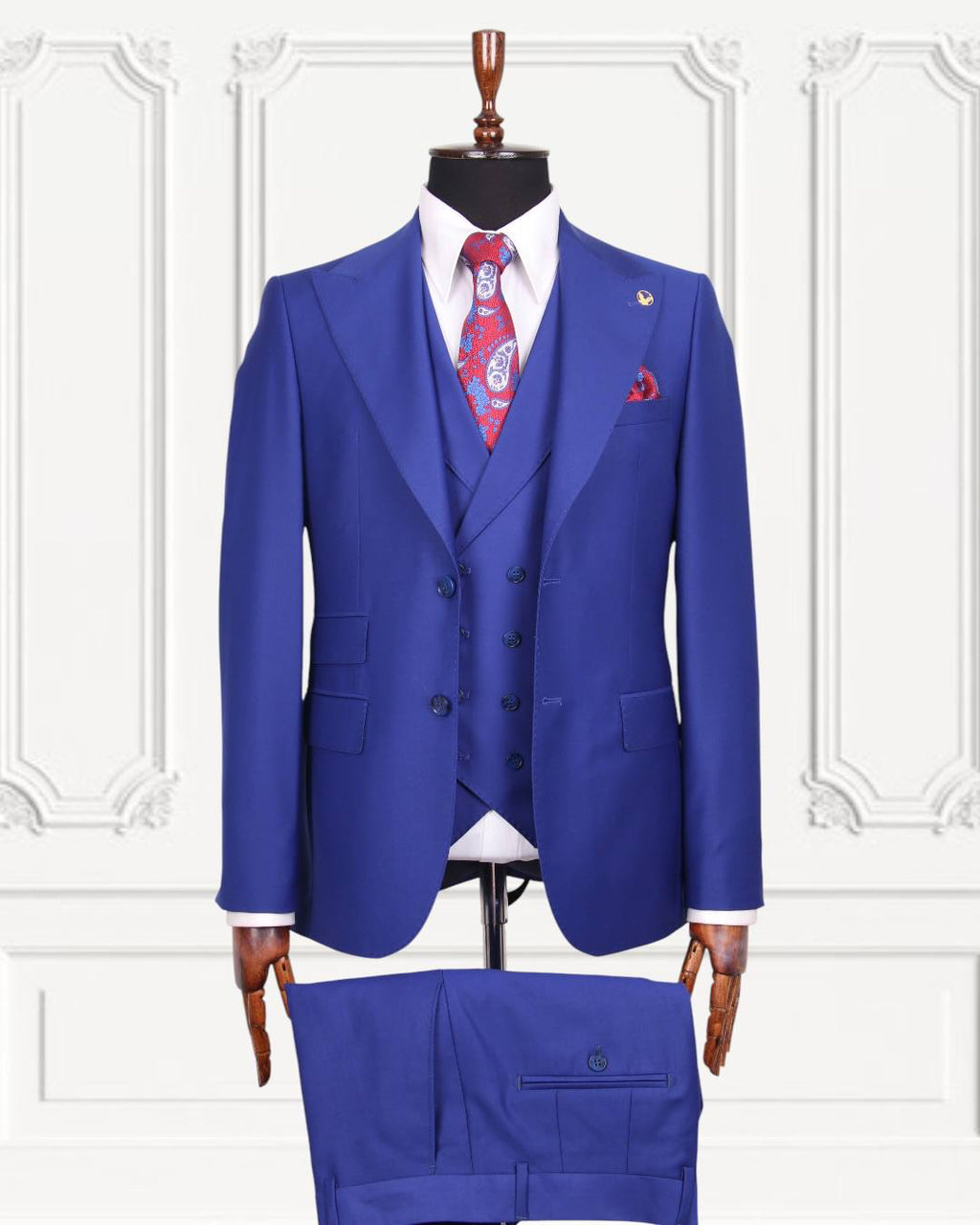 Royal blue three-piece GEEMAN suit with matching vest and trousers