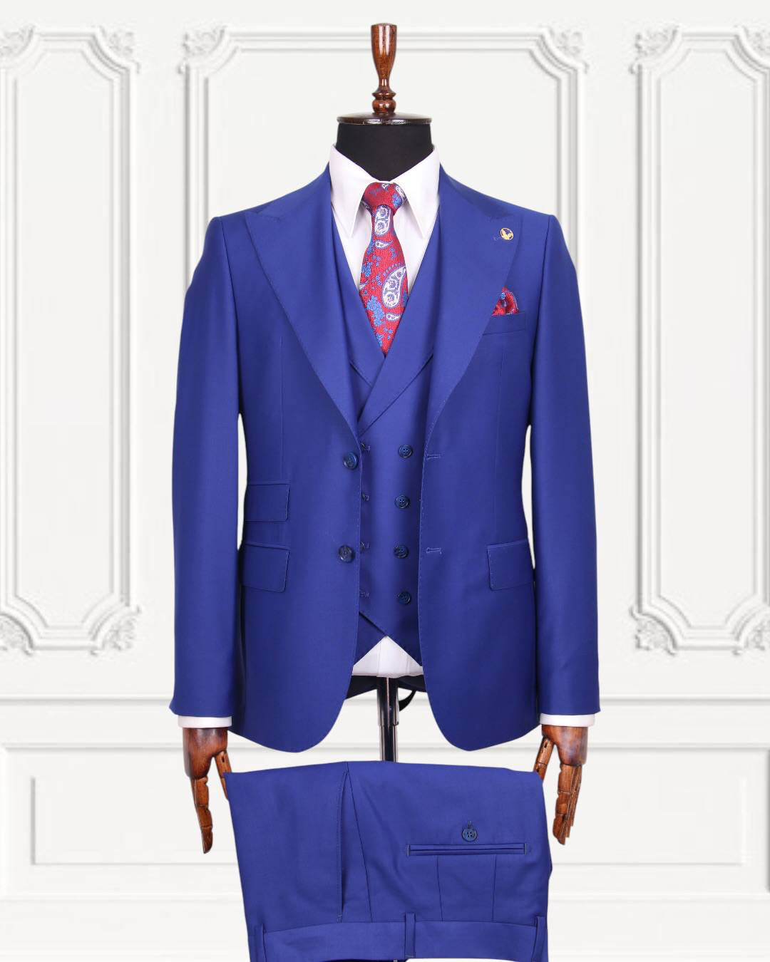 Royal blue three-piece GEEMAN suit with matching vest and trousers