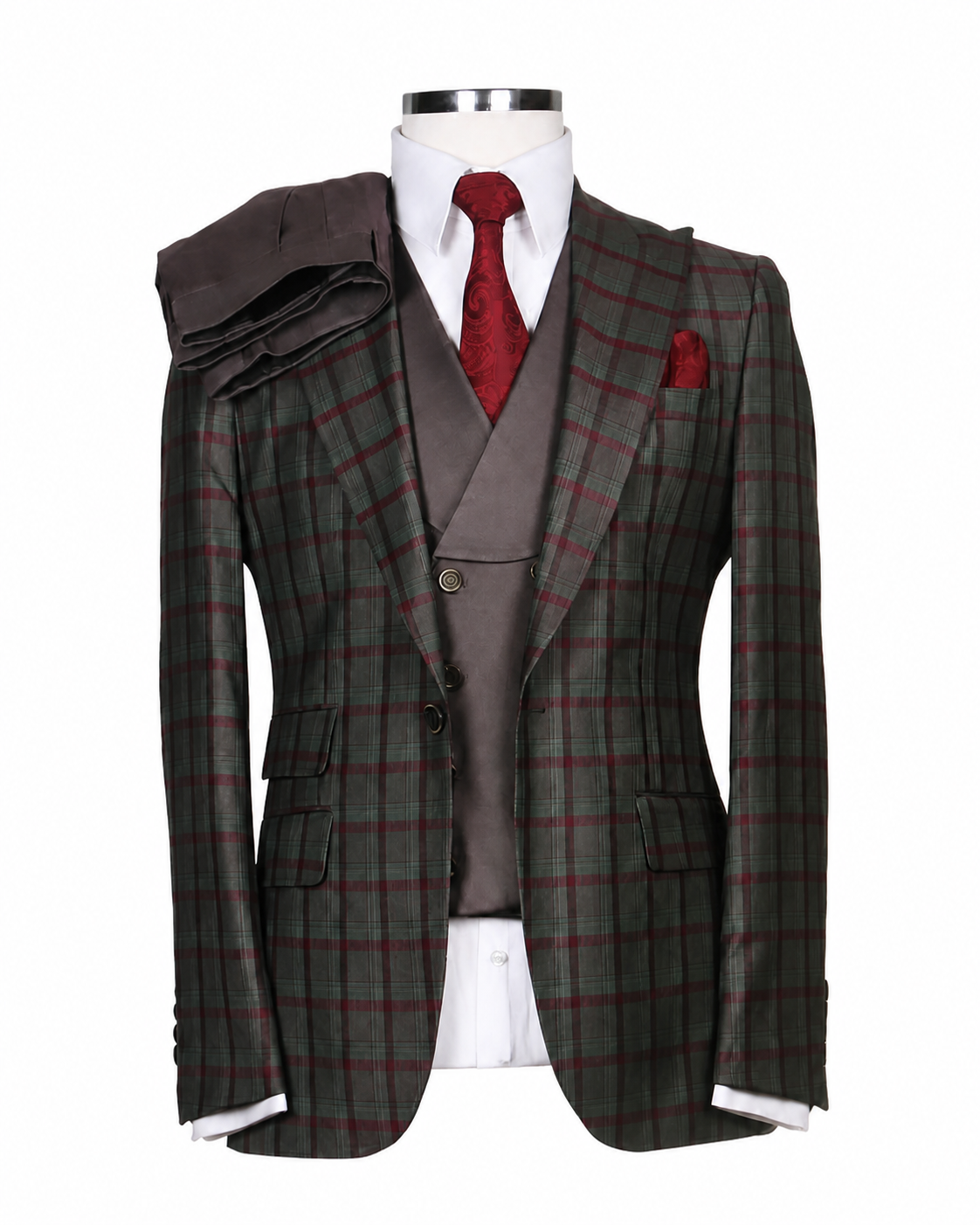 Green and burgundy plaid GEEMAN three-piece suit, centered without visible stand